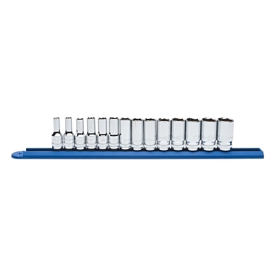 Socket Set, 1/4 in Dr, 6-point, SAE, 3/16 in to 9/16 in, 10-Pc Deep Length, Incl Rail
