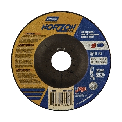 NorZon Plus Cutting Wheels, Zirconia Alumina, 4 1/2 in Dia, 7/8 in Arbor, 24 Grit