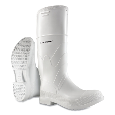 White Rubber Boots, Plain Toe, Men's 9, 16 in Boot, PVC, White