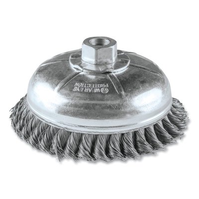 Knot Style Wire Cup Brush, 6 in, 5/8 in - 11 Arbor Thread, .02 in Wire Size, Carbon Steel