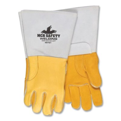 Elkskin Welding Gloves, Large, Gold Premium/Pearl Gray, 5 in Gauntlet Cuff, Foam Lined Back