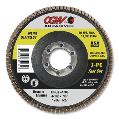 Z-Poly Cotton Flap Disc, 4-1/2 in dia, 40 Grit, 5/8 in - 11 Thread, Type 27