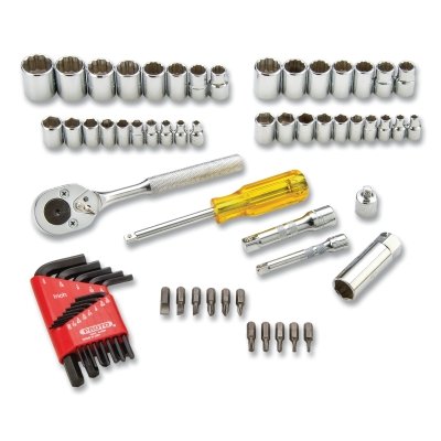 1/4 in and 3/8 in Drive 65-Pc Socket Set, 6-point/12-point, Metric/SAE, Incl Adapters/Ext/Hex Keys/Socket Clips/Socket Bars