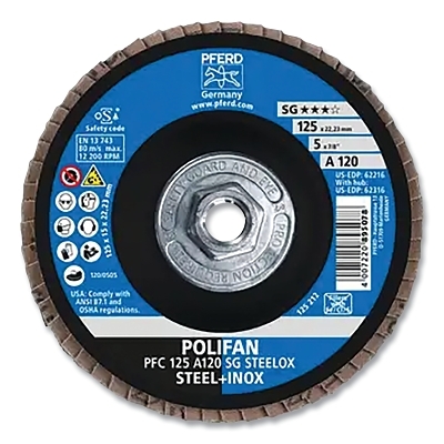 POLIFAN® Type 29 SG Flap Disc, 5 in dia, 120 Grit, 5/8 in-11 Threaded Arbor dia, 12200 RPM, Aluminum Oxide A