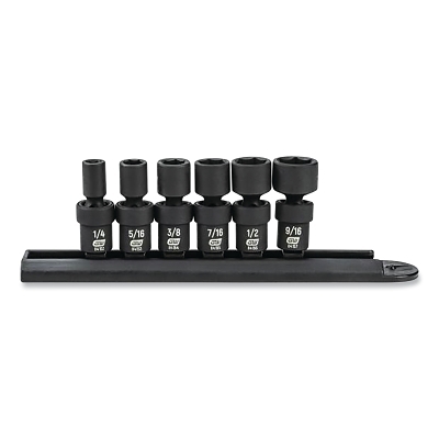 Impact Socket Set, 1/4 in Dr, 6-point, SAE, 1/4 in to 9/16 in, 6-Pc Standard Length, Incl Metal Rail