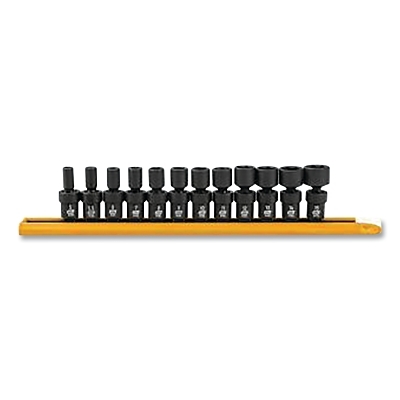 Impact Socket Set, 1/4 in Dr, 6-point, Metric, 5 mm to 15 mm, 12-Pc Standard Length, Incl Metal Rail