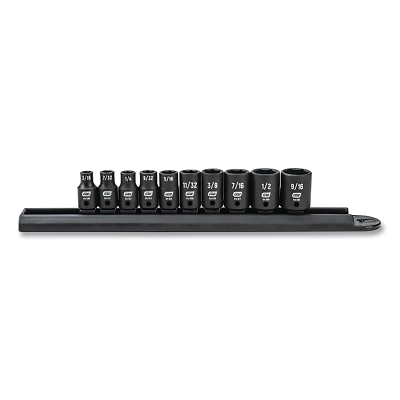 Impact Socket Set, 1/4 in Dr, 6-point, SAE, 3/16 in to 9/16 in, 10-Pc Standard Length, Incl Metal Rail