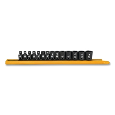 Impact Socket Set, 1/4 in Dr, 6-point, Metric, 4 mm to 15 mm, 14-Pc Standard Length, Incl Metal Rail