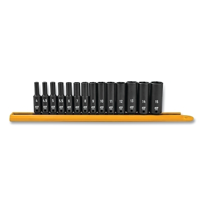 Impact Socket Set, 1/4 in Dr, 6-point, Metric, 4 mm to 15 mm, 14-Pc Deep Length, Incl Metal Rail
