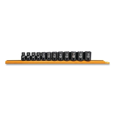 Impact Socket Set, 3/8 in Dr, 6-point, Metric, 8 mm to 19 mm, 12-Pc Standard Length, Incl Metal Rail