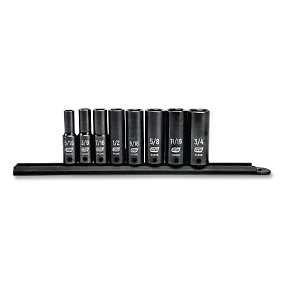 Impact Socket Set, 3/8 in Dr, 6-point, SAE, 5/8 in to 3/4 in, 8-Pc Deep Length, Incl Metal Rail
