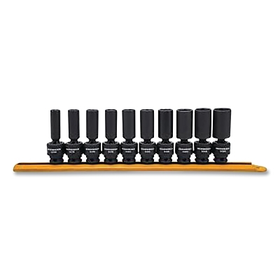 Universal Impact Drive Socket Set, 3/8 in Dr, 6-point, Metric, 10 mm to 19 mm, 10-Pc Deep Length, Incl Metal Rail