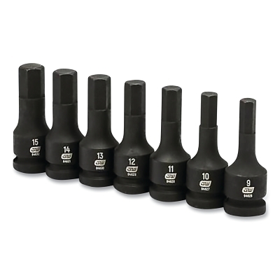 Impact Socket Set, 1/2 in Dr, 6-point, SAE, 9 mm to 15 mm, 7-Pc Hex Bit, Incl Metal Rail