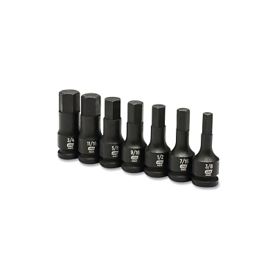 Impact Socket Set, 1/2 in Dr, 6-point, SAE, 3/8 in to 3/4 in, 7-Pc Standard Length, Incl Metal Rail