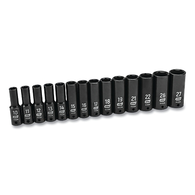 Impact Socket Set, 1/2 in Dr, 6-point, Metric, 10 mm to 27 mm, 14-Pc Deep Length, Incl Blow Mold Case