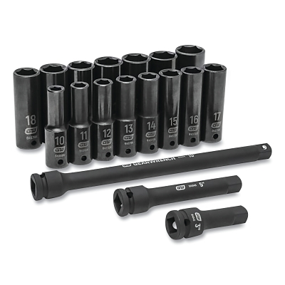 Impact Socket Set, 1/2 in Dr, 6-point, Metric, 10 mm to 24 mm, 18-Pc Deep Length, Incl Blow Mold Case