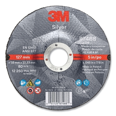 Silver Cut-Off Wheel, Precision Shaped Ceramic, 5 in dia, 0.875 in arbor, 36+ Grit, Center Hole