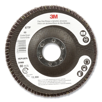 Flap Disc 577F, 4.5 in dia, 36 Grit, 0.875 in arbor, 13300 RPM