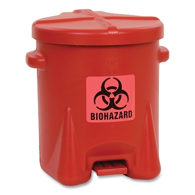 Poly Waste Can, Biohazardous, 6 gal, Red, Includes Foot Lever