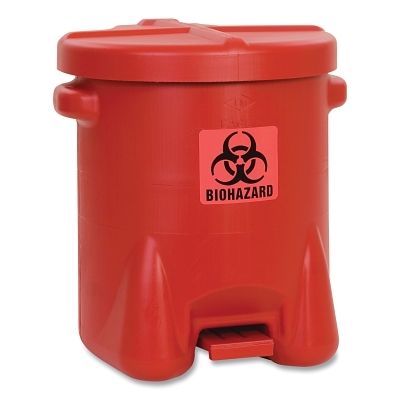 Poly Waste Can, Biohazardous, 14 gal, Red, Includes Foot Lever