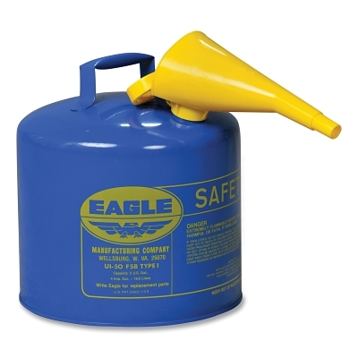 Safety Can, Type I, 5 gal, 24-ga Galvanized Steel, Kerosene, Blue, Includes Funnel
