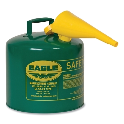 Safety Can, Type I, 5 gal, 24-ga Galvanized Steel, Combustibles, Green, Includes Funnel