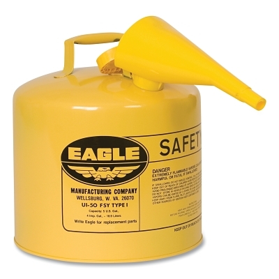 Safety Can, Type I, 5 gal, 24-ga Galvanized Steel, Diesel, Yellow, Includes Funnel