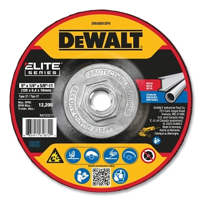 Type 27 Grinding Wheel, 5 in dia, 5/8 in-11 TPI, 24 Grit, 12200 RPM, 1/4 in Thick