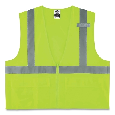 GloWear® Safety Vest, 8225Z, Solid, Class 2, Type R, Reflective Tape, 3 Pockets, Zipper, 2X-Large/3X-Large, Lime