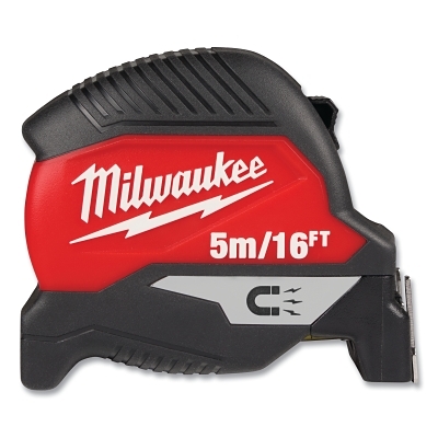 Magnetic Tape Measure, 5 m/16 ft, Metric/SAE, Double-Sided Printing, Steel Blade, Red/Black