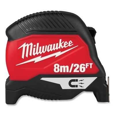 Magnetic Tape Measure, 8 m/26 ft, Metric/SAE, Double-Sided Printing, Steel Blade, Red/Black