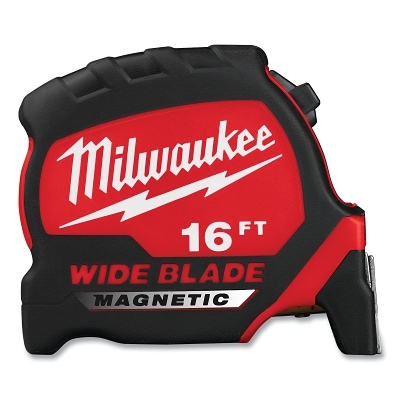 Wide Blade Tape Measure, 16 ft, 1.38 in W, SAE, Magnetic, Red/Black