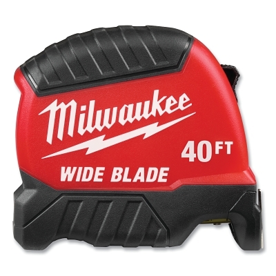 Wide Blade Tape Measure, 40 ft, SAE, Red/Black