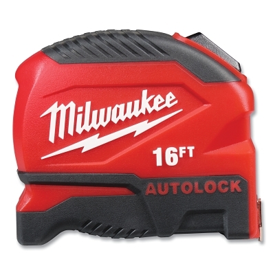 Auto-Lock Tape Measure, 16 ft, SAE, 1 in W Blade, Red/Black