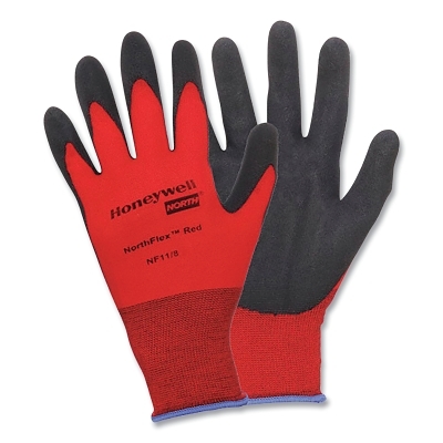 NorthFlex® Red® NF11 Foam PVC Fingertips/Palm Coated Gloves, Large, Black/Red