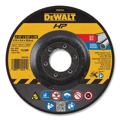 High Performance™ Cutting and Notching Wheel, Type 27, 4-1/2 in dia x 3/32 in Thick x 7/8 in Arbor, 24 Grit, Alum Oxide