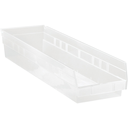 Shelf Bins, 6-5/8" W x 4" H x 23-5/8" D, Clear, 50 lbs. Capacity