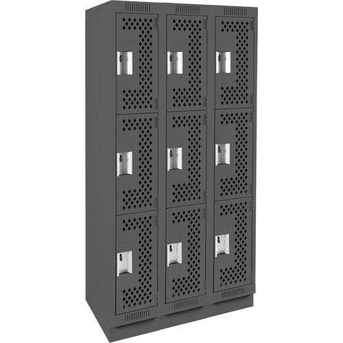 Clean Line™ Lockers, 3 -tier, Bank of 3, 36" x 18" x 76", Steel, Charcoal, Rivet (Assembled), Perforated