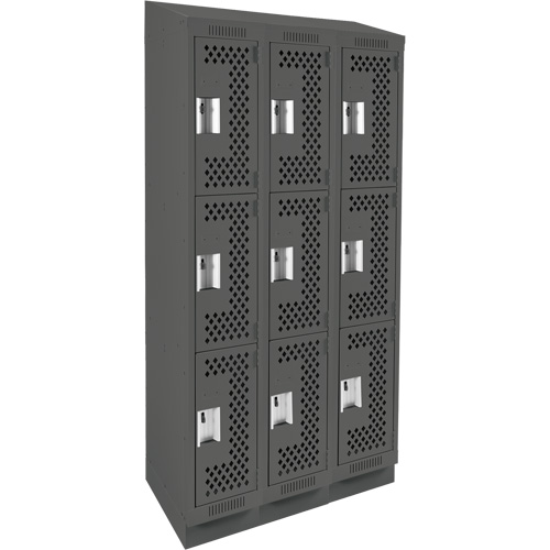 Clean Line™ Lockers, 3 -tier, Bank of 3, 36" x 18" x 82", Steel, Charcoal, Rivet (Assembled), Perforated