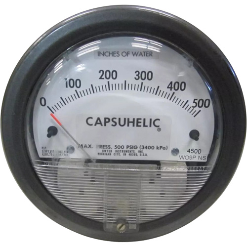 4000 Series Capsuhelic Differential Pressure Gauge with Case, 4" , 0 - 500 in. w.c., Panel Mount, Analogue