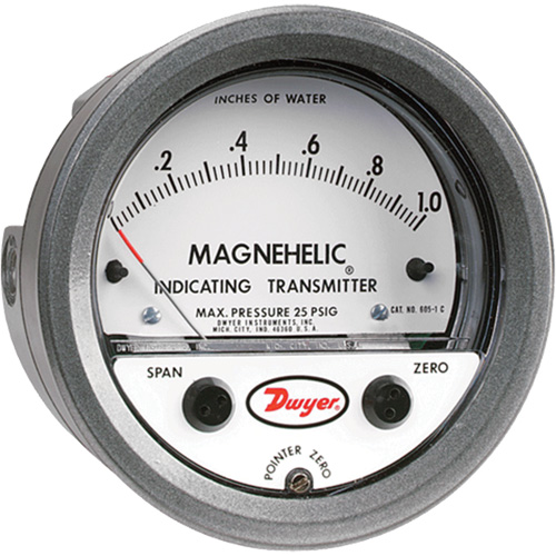605 Series Magnehelic Differential Pressure Gauge & Indicating Transmitter, 4" , 0 - 1 in. w.c., Panel Mount, Analogue