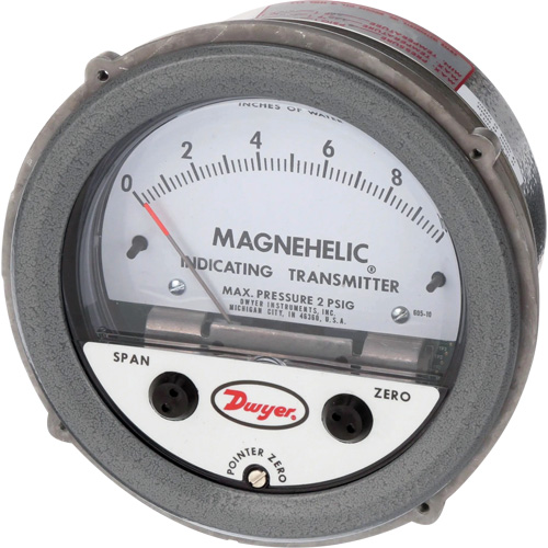 605 Series Magnehelic Differential Pressure Gauge & Indicating Transmitter, 4" , 0 - 10 in. w.c., Panel Mount, Analogue