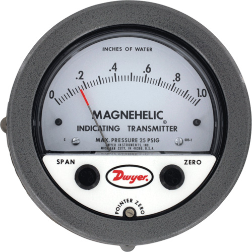 605 Series Magnehelic Differential Pressure Gauge & Indicating Transmitter, 4" , 0 - 0.25 kPa, Panel Mount, Analogue