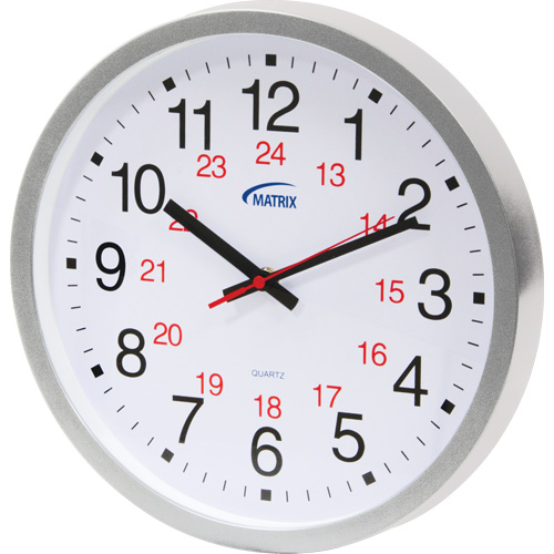 12/24 H Clock, Analog, Battery Operated, 12", Silver