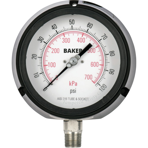 Pressure Gauge, 4-1/2" , 0 - 100 psi, Bottom Mount, Liquid Filled Analogue