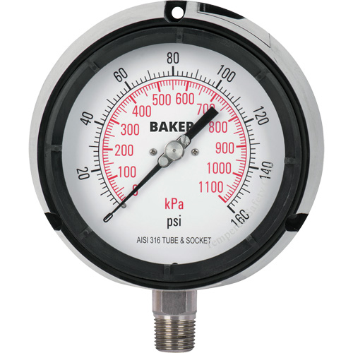 Pressure Gauge, 4-1/2" , 0 - 160 psi/0 - 1100 kPa, Bottom Mount, Liquid Filled Analogue