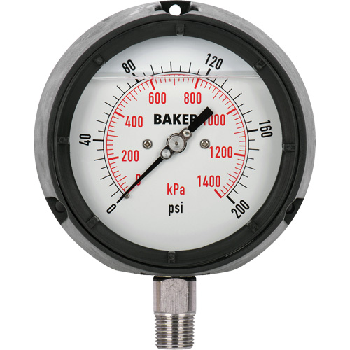 Pressure Gauge, 4-1/2" , 0 - 200 psi/0 - 1400 kPa, Bottom Mount, Liquid Filled Analogue