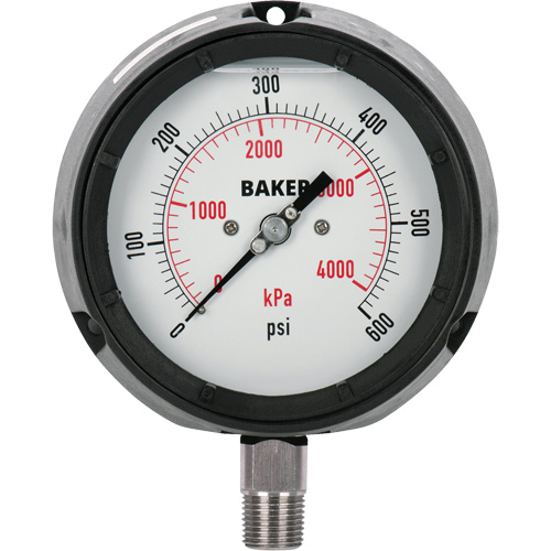 Pressure Gauge, 4-1/2" , 0-600 psi/0-4200 kPa, Bottom Mount, Liquid Filled Analogue