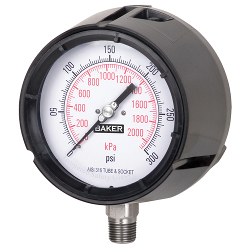 Pressure Gauge, 4-1/2" , 0-300 psi/0-2100 kPa, Bottom Mount, Liquid Filled Analogue