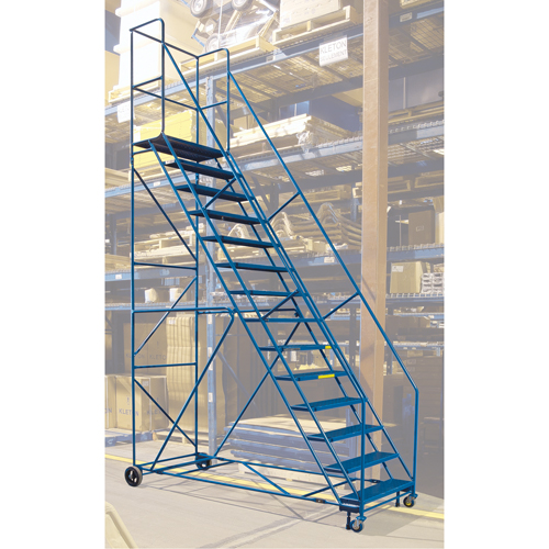 Rolling Step Ladder with Locking Step and Spring-Loaded Front Casters, 14 Steps, 30" Step Width, 128" Platform Height, Steel - Rolling Step Ladder - MA625